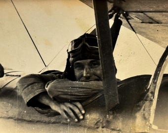 Vintage Pilot in Cockpit Photo | Sepia Tone | Aviation History | Original Photograph | Early Flight | Aviator with Goggles | 1940s-1950s
