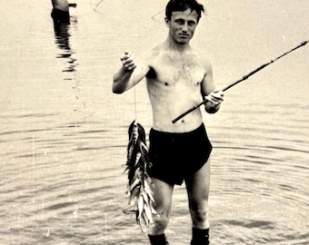 Vintage Man Fishing with Catch Photo | Black and White | Lake Fishing | Original Photograph | 1950s Outdoor Life | Successful Fisherman
