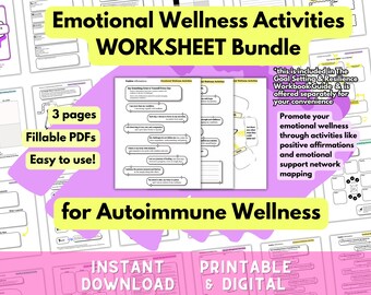 Ensemble de feuilles de travail numériques imprimables d'activités de bien-être émotionnel au format PDF à remplir pour le bien-être auto-immun