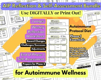 Lot de feuilles de travail de réflexion et d'auto-évaluation de la phase 1 du PAI pour le bien-être auto-immun avec le régime protocole auto-immun