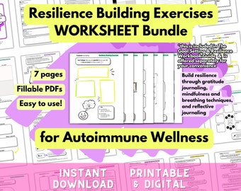 Ensemble de feuilles de travail numériques imprimables d'exercices de renforcement de la résilience au format PDF à remplir pour le bien-être auto-immun