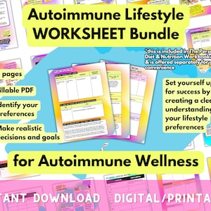 May include: A digital printable worksheet bundle for autoimmune wellness. The bundle includes three pages of fillable PDF worksheets with a pink, yellow, and blue color scheme. The text on the image reads "Autoimmune Lifestyle Worksheet Bundle", "3 pages Fillable PDF", "Identify your preferences", "Make realistic decisions and goals", "for Autoimmune Wellness", "Set yourself up for success by creating a clear understanding of your lifestyle preferences", and "INSTANT DOWNLOAD DIGITAL/PRINTABLE".