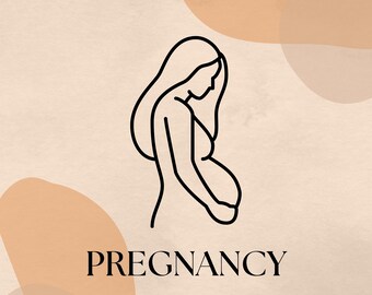 May include: A black line drawing of a pregnant person with long hair, standing in profile. The image is on a beige background with abstract peach shapes. The text "PREGNANCY Journal" is below the drawing.