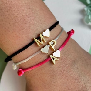 Personalized Initial Bracelet with 18K Gold Plated Letters & Hearts – Custom Name Bracelet on Adjustable Silk Cord – Minimalist Gift for Her