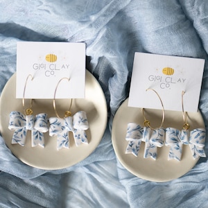 Handmade Toile Bow Earrings: Blue & White Clay Coquette Jewelry