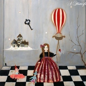 May include: A whimsical painting of a girl in a red and white striped dress holding a red heart string attached to a hot air balloon. The balloon is red and white striped and has a basket. The girl is standing on a black and white checkered floor in a room with a small house, a clock, and a key hanging from the ceiling. The text "A Fanciful Twist" is written in the upper right corner of the painting.