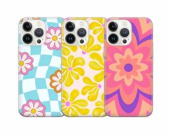 Retro Groovy Telefoonhoesje Bloemen Hippie Cover voor iPhone 15Pro, 14, 13, 12, 11, Google Pixel 8, 7A, 6A, Samsung Galaxy S24Ultra, S23fe, S22...