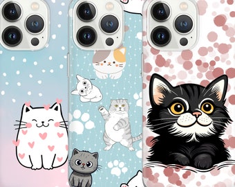 Polka dot Phone Case Cute Cats Cover for iPhone 15Pro, 14, 13, 12, 11, Google Pixel 8, 7A, 6A, Samsung Galaxy S24Ultra, S23fe, S22, A54, A34