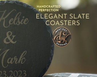Slate Drink Coasters Set of 4, Engraved Slate Coasters, Custom Wedding Gift Set, Personalized Housewarming Gift, Monogram Stone Coasters