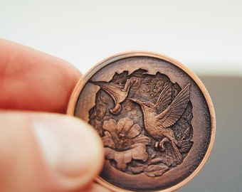 Copper Lucky Coin with Hummingbird and Hibiscus