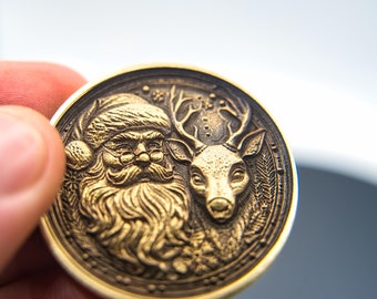 Handmade Brass Santa and Rudolf Christmas Coin Decoration Collectable