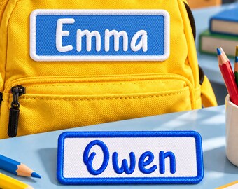 Personalized Name Patch, Custom Schoolhouse Print Embroidered Iron On or Sew On Name Tag for Hats and Bags