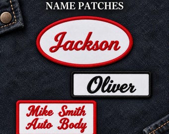 Personalized Name Patch, Custom Embroidered Iron On or Sew On Name Tag, Mechanic Garage Uniform Patch