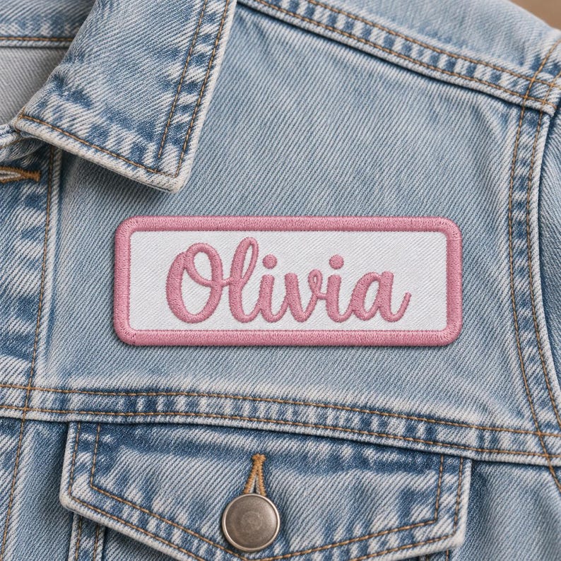 White rectangular patch reading Olivia in pink cursive embroidery with a matching pink stitched border on a faded blue denim jacket, positioned above a buttoned chest pocket.