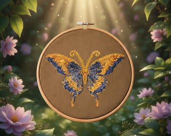 Embroidered Atlas Moth Wall Hanging, Golden Insect Art