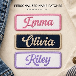 May include: Three rectangular embroidered name patches with rounded corners. The top patch is white with a pink border and the name Emma in pink. The middle patch is navy blue with a tan border and the name Olivia in tan. The bottom patch is white with a purple border and the name Riley in purple.