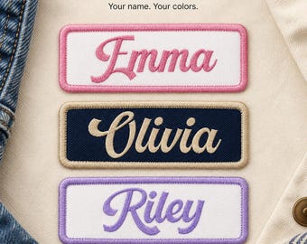 Personalized Name Patch, Retro script Lettering, Custom Embroidered Iron On or Sew On Name Tag for Hats and Bags