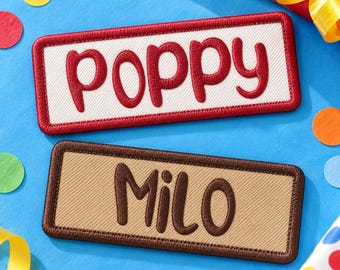 Personalized Name Patch, Custom Whimsical Print Embroidered Iron On or Sew On Name Tag for Hats and Bags
