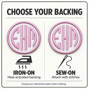 Backing guide with two pink-and-white monogram patches. Iron-on uses heat-activated backing, shown with an iron icon. Sew-on attaches with stitches, shown with a needle. Choose your option when ordering.
