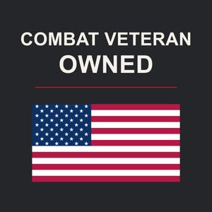 White text reading Combat Veteran Owned above a red, white and blue American flag on a dark charcoal background, separated by a thin red line.