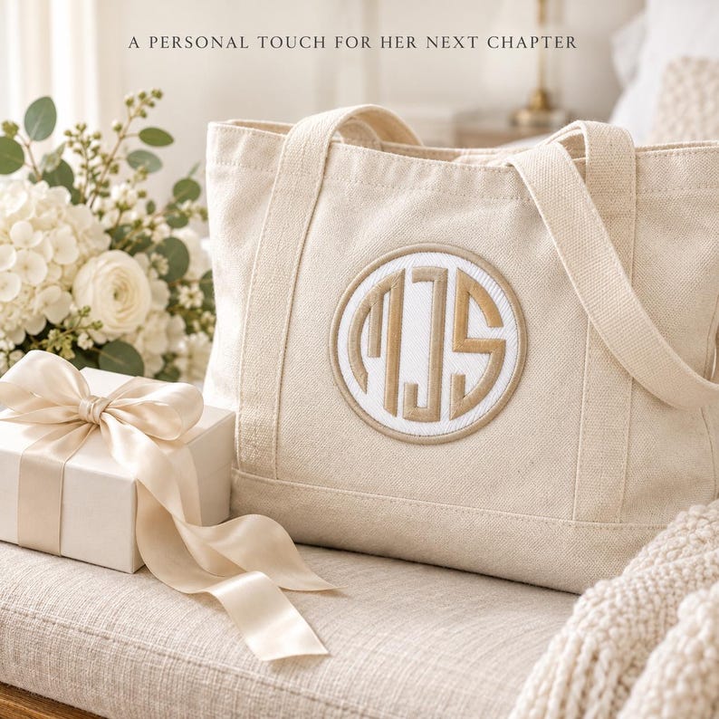 Cream canvas tote with a white circular monogram patch in Beige thread, beside a ribbon-wrapped gift and white flowers. Heading: A personal touch for her next chapter.