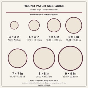 Round monogram patch size chart showing seven circles in proportion, from 3 by 3 to 9 by 9 inches. Each size includes width and height in inches and centimeters. Both dimensions increase together; measurements include the stitched border.