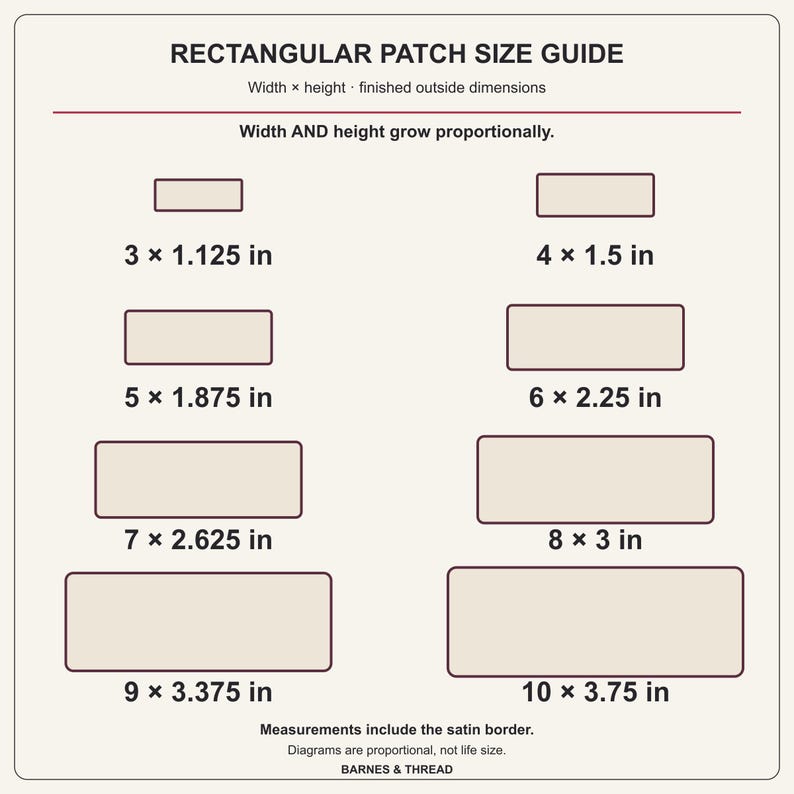 Rectangular patch size guide: 3 × 1.125, 4 × 1.5, 5 × 1.875, 6 × 2.25, 7 × 2.625, 8 × 3, 9 × 3.375 and 10 × 3.75 inches. Shapes share one scale. Width and height grow together; finished outside dimensions include the satin border.