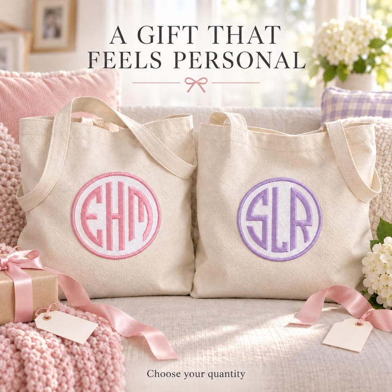 Two cream totes display white monogram patches with Pale Pink and Pale Violet stitching and matching borders. Gift ribbons surround them. Heading: A gift that feels personal. Footer: Choose your quantity.