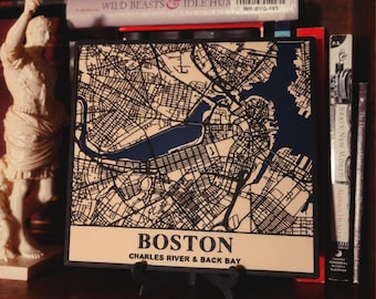 Boston City Map: 3D Printed Charles River and Back Bay, Navy and Bone White