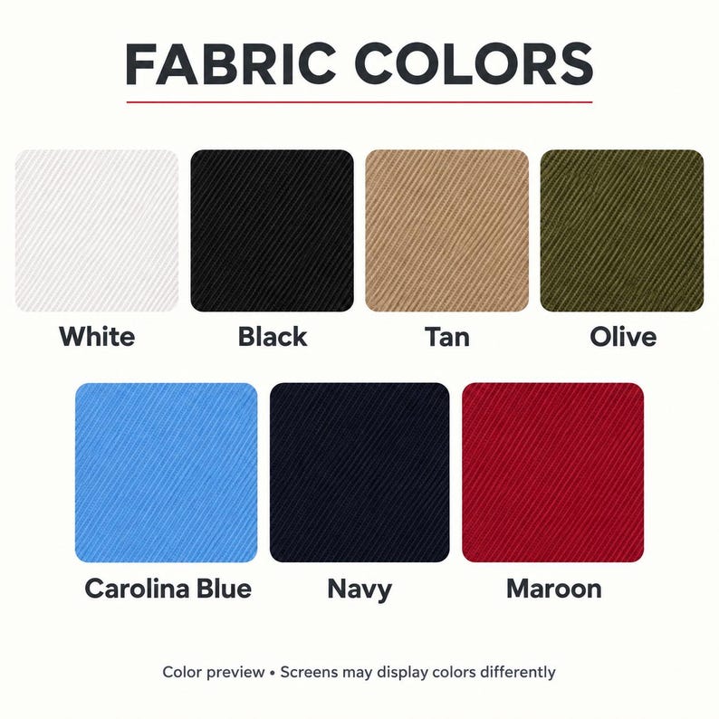 Fabric color chart with seven textured swatches: White, Black, Tan, Olive, Carolina Blue, Navy and Maroon. The card notes that screens may display colors differently.