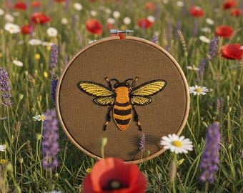 Embroidered Honeybee Wall Hanging, Duck Cloth, Bee Decor