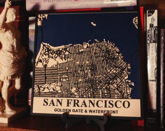 San Francisco City Map: 3D Printed Golden Gate and Waterfront, Navy and Bone White