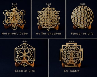 Sacred Geometry Wall Art: Flower of Life, Sri Yantra Set of 5 - Classic Collection