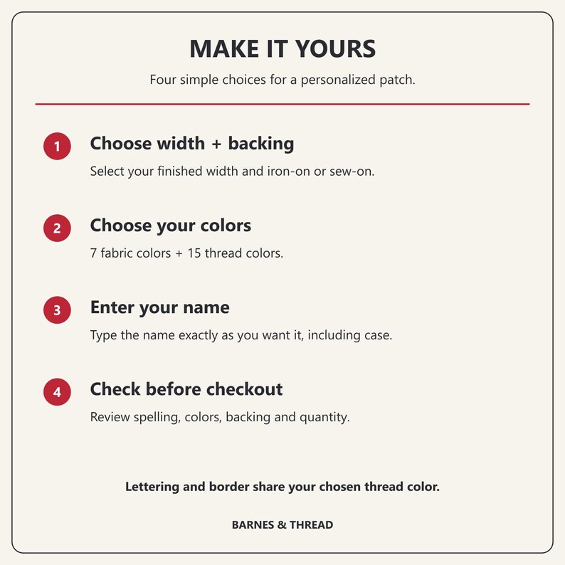 Make It Yours card: choose width and iron-on or sew-on backing, choose from 7 fabric and 15 thread colors, enter your name exactly, then review spelling, colors, backing and quantity. Lettering and border share the chosen thread color.