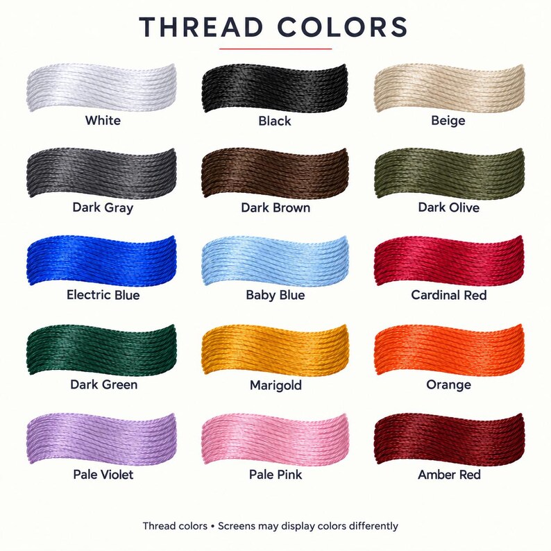 Thread Colors chart: White, Black, Beige, Dark Gray, Dark Brown, Dark Olive, Electric Blue, Baby Blue, Cardinal Red, Dark Green, Marigold, Orange, Pale Violet, Pale Pink and Amber Red. Screens may display colors differently.