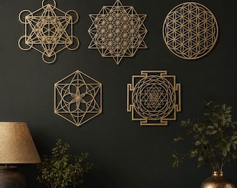 Heilige Geometrie Wandkunst: Blume des Lebens, Sri Yantra Set of 5 - Classic Collection