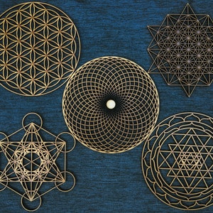 Sacred Geometry Wooden Wall Art: Flower of Life, Sri Yantra - Set of 5