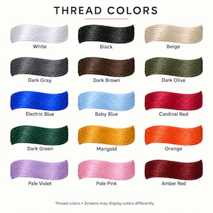 Thread chart: White, Black, Beige, Dark Gray, Dark Brown, Dark Olive, Electric Blue, Baby Blue, Cardinal Red, Dark Green, Marigold, Orange, Pale Violet, Pale Pink and Amber Red. Screen colors may vary.