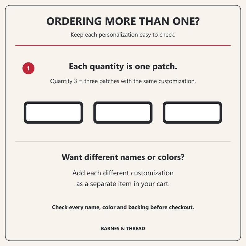 Ordering More Than One card shows three blank patch outlines. Each quantity is one patch; quantity 3 means three with the same customization. Add different names or colors as separate cart items, then check every name, color and backing.