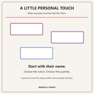 A Little Personal Touch card shows three blank white patch outlines with pink, purple and light blue borders. Text says to start with their name, choose colors and quantity, and personalize bags, jackets and everyday favorites.