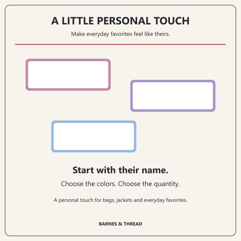 A Little Personal Touch card shows three blank white patch outlines with pink, purple and light blue borders. Text says to start with their name, choose colors and quantity, and personalize bags, jackets and everyday favorites.