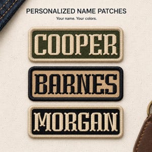 Personalized Name Patch, Heritage Lettering, Custom Embroidered Iron On or Sew On Name Tag for Hats and Bags