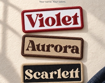Personalized Name Patch, Custom Flared Serif Embroidered Iron On or Sew On Name Tag for Hats and Bags