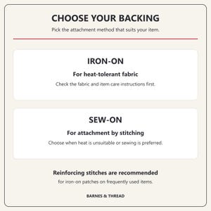 Choose Your Backing card compares iron-on for heat-tolerant fabric and sew-on for attachment by stitching. Check item care instructions first. Reinforcing stitches are recommended for iron-on patches on frequently used items.