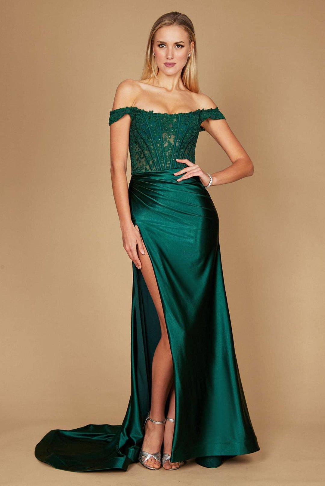 Emerald Green Ruched Corset Metallic Mermaid Prom Dress with Slit LF110