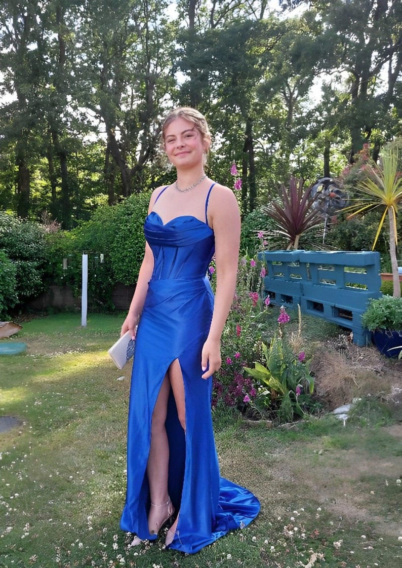 Fitted Corset Top Appliqued Satin Short Dress Royal Blue main image 1