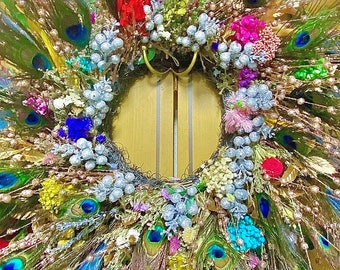 One of a kind - All year around Jewel Tone Peacock Feather Wreath!!