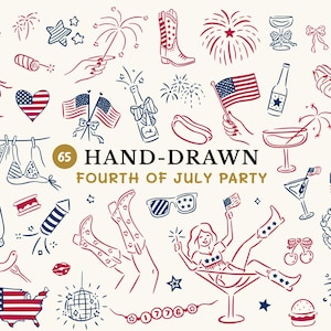 Può includere: Illustrazioni disegnate a mano per una festa del 4 luglio in rosso, bianco e blu. Include fuochi d'artificio, bandiere, stivali da cowboy e un maglione USA. Il testo recita "65 HAND-DRAWN FOURTH OF JULY PARTY."