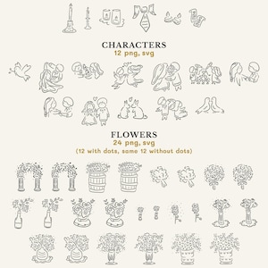 Ceremony, characters (bride and grooms and animals), flowers, and reception clipart.