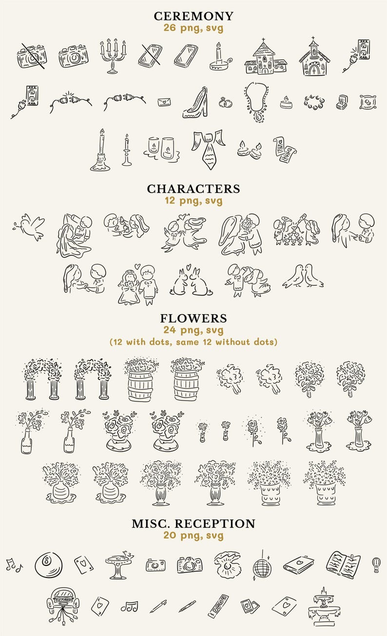 Ceremony, characters (bride and grooms and animals), flowers, and reception clipart.